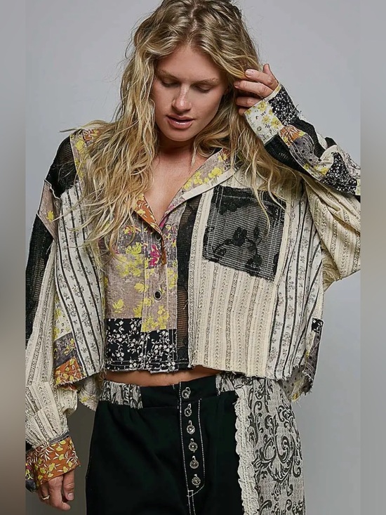 POL Tops - NEW Pol Patchwork Crochet Button-Front Cropped Jacket Shirt